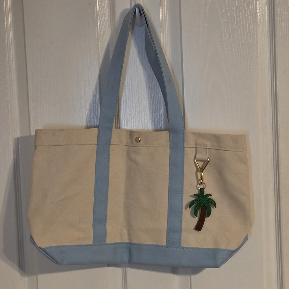 BaubleBar Beige Blue Tote Snap Closure Gold Hardware Double Handles Bag Charm